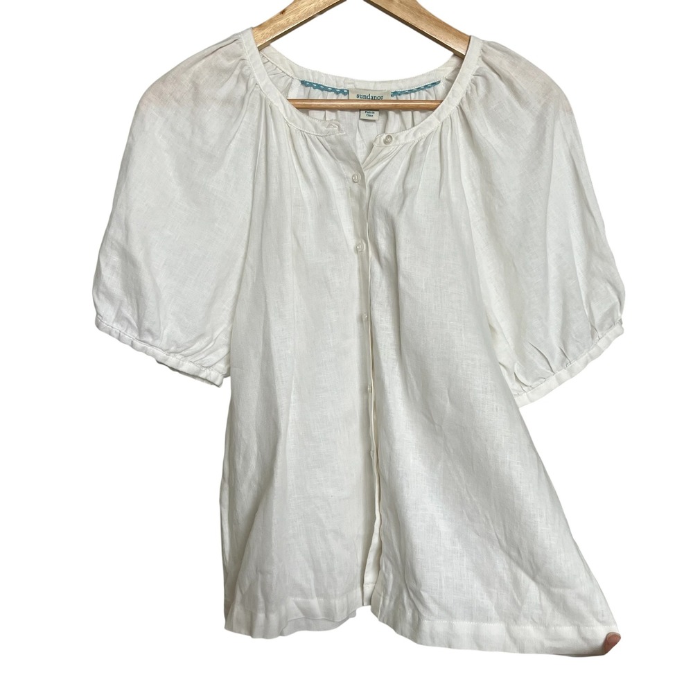 Sundance 100% Linen White Puff Sleeve Button Front Peasant Blouse SZ XS Boho